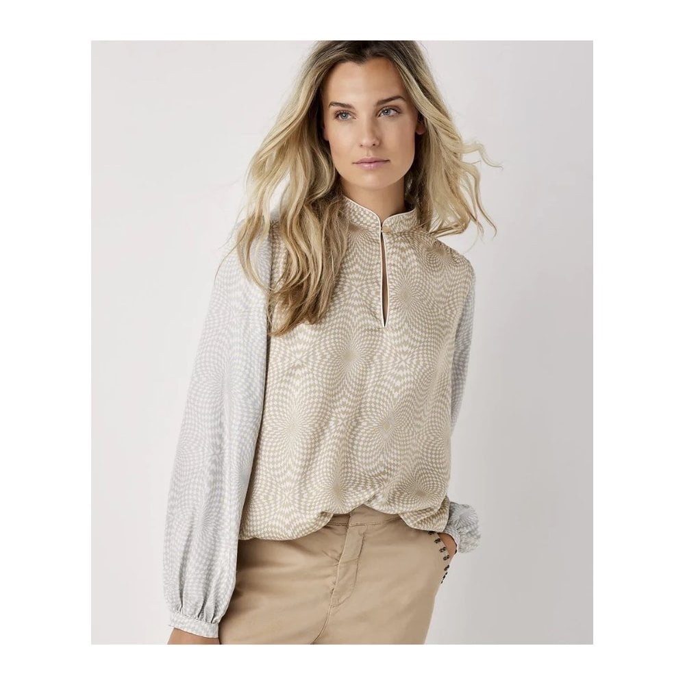 SUMMUM Kaleidoscope Luxury print‎ top with puff sleeves in alpaca Neutral Small